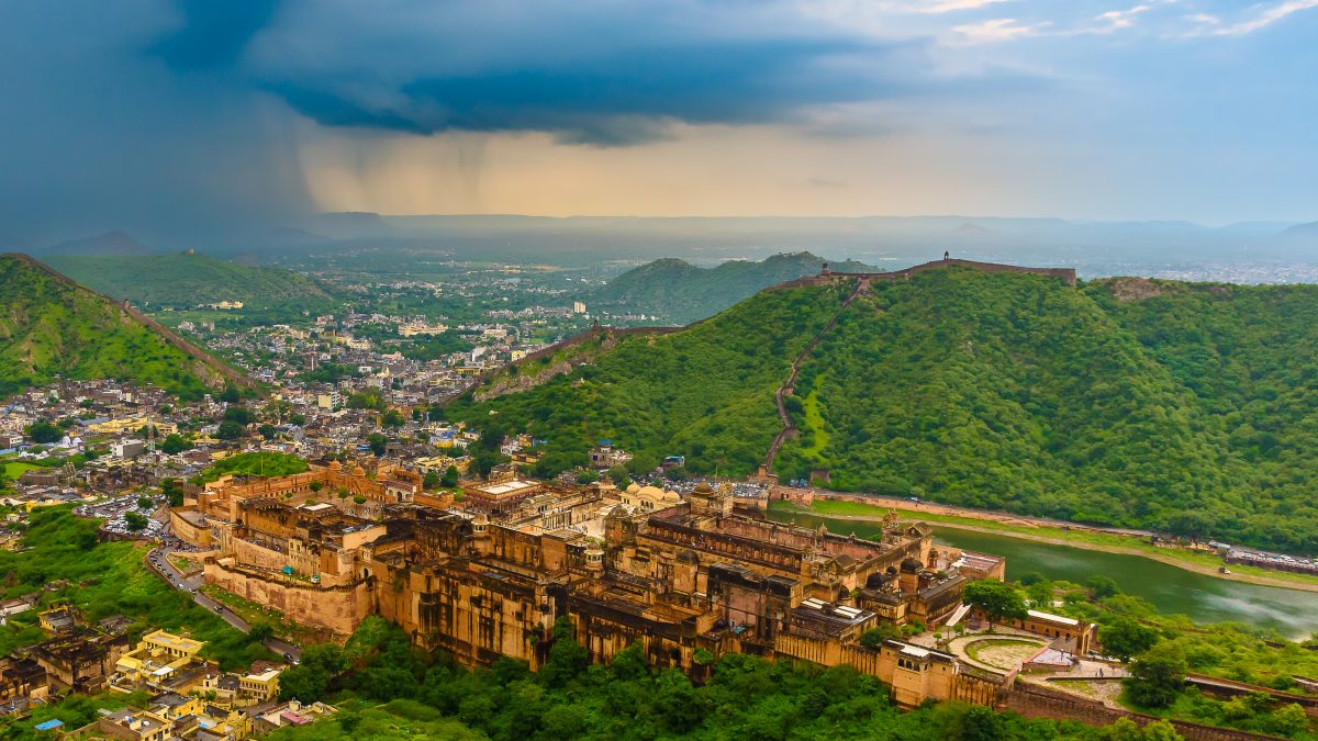 Arial View of Amber or Amer Fort with Cityscape and Aravalli Range from Jaigarh Fort at Jaipur, Rajasthan